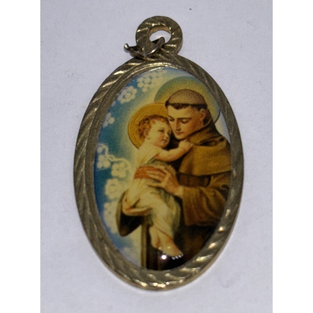 St Anthony Medal Oval Pendant Colorized Coppertone Setting 1-1/8" long